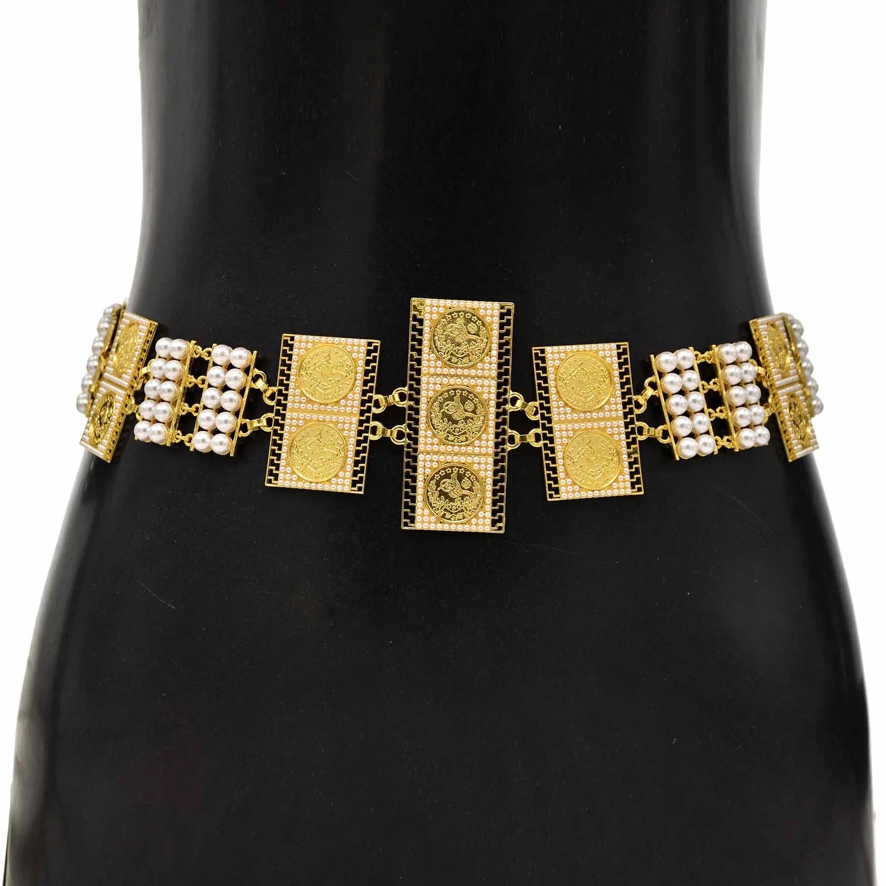 Belly Waist Belt for Women Gold Plated Sequins Imitation Pearl Boho Style Zinc Alloy Body Chain 110cm Length Party Jewelry Gift