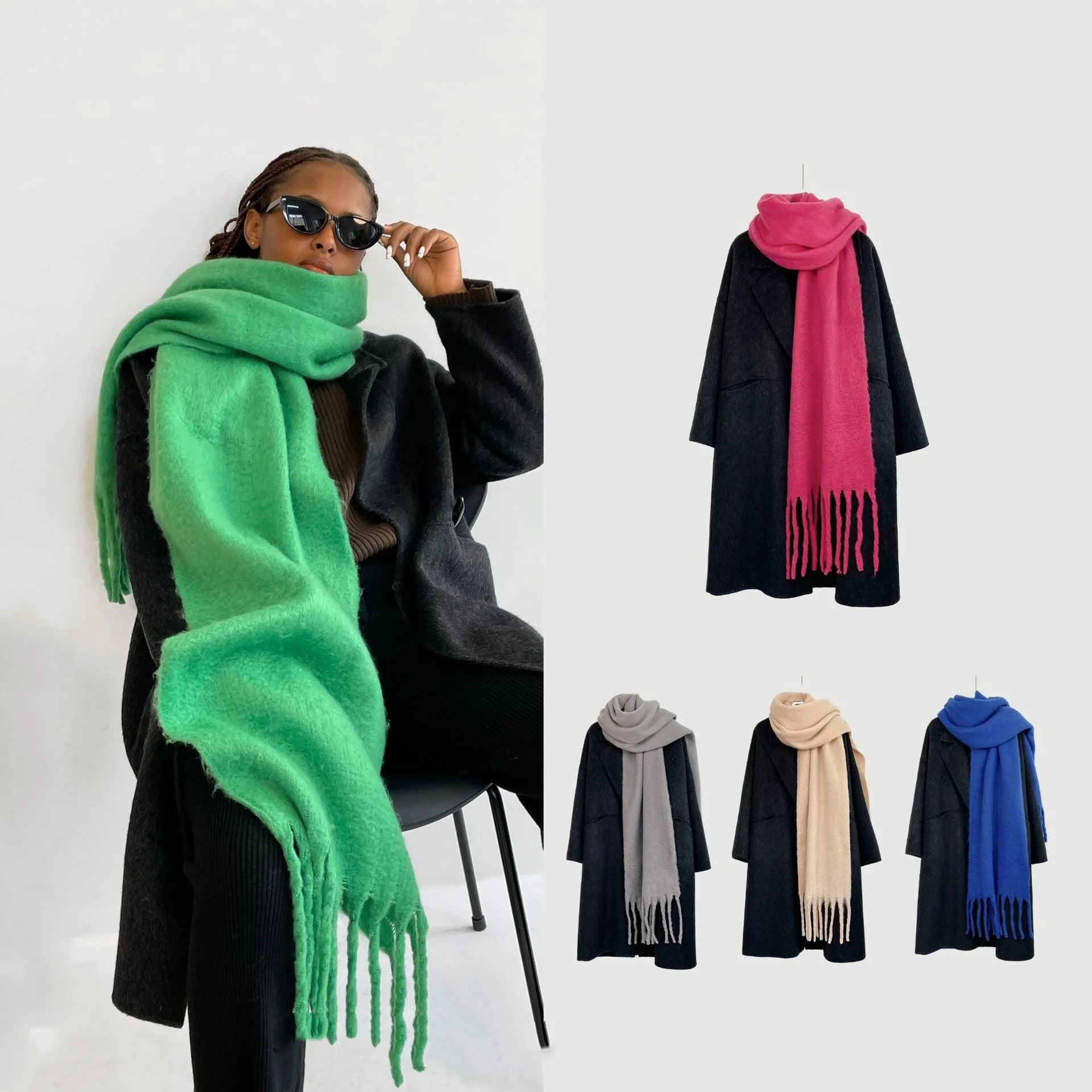 American Style Women's Solid Color Mohair Fringe Scarf Winter Warm Scarves Long Solid Color Plain Style 40*210CM(15.8*82.7 Inch)