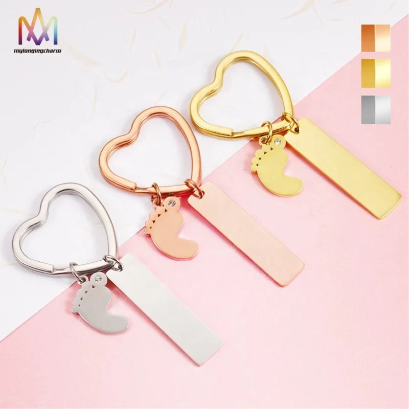 Customizable Metal Key Chains Polished Stainless Steel Gold Plated Tag Pendant Rectangular Footprint Design Engraved Logo Blank