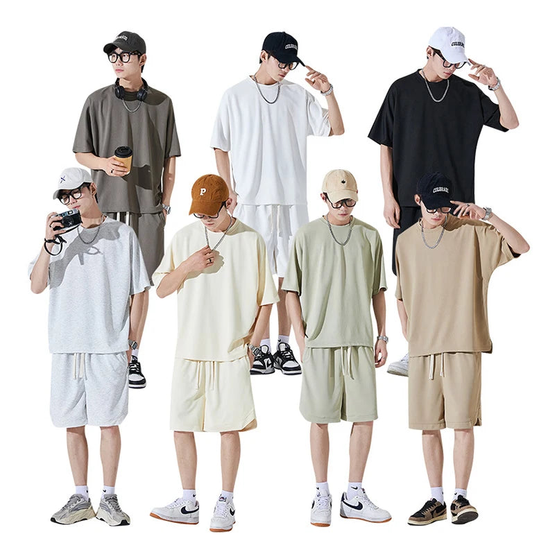 ET-016 Wholesale Price 280gsm Polyester Blend Custom Tags Gym Tracksuit and Short 2 Piece Shirt and Short Set Men