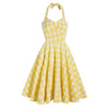 Summer Halter Yellow Plaid Dress for Women 1950s Vintage Sleeveless Pin up Party Dresses