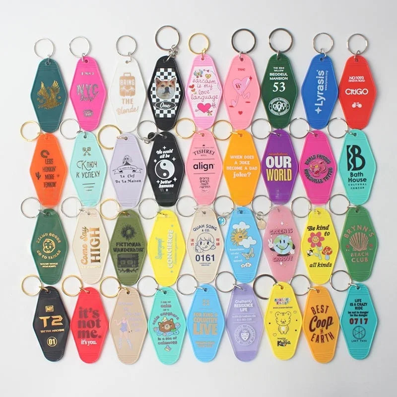 Customized Logo UV Printed Waterproof Diamond Promotional Motel Plastic ABS Acrylic Luggage Hotel Key Tags Keychains Blank