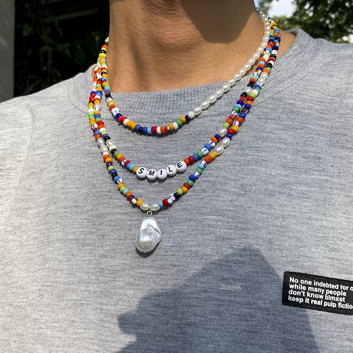 SHIXIN Creative Colorful Seed Bead Necklace Baroque Pearl Pendant Layered Necklace Initial Letter Smile Necklace for Men Women