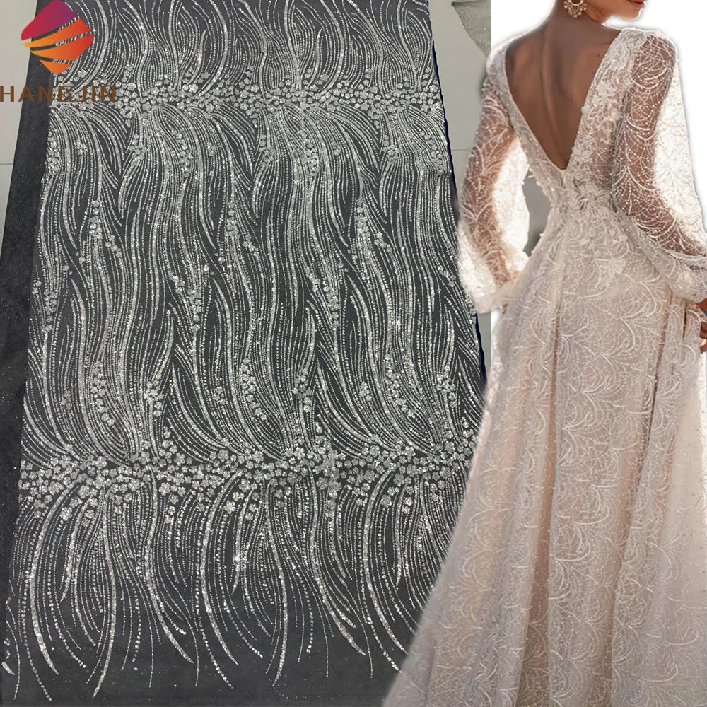 Fancy French Bridal Luxury Sequins Glitter Lace Fabric Sparkle Glitter Tulle Fabric With Rhinestones for Wedding Dress Making