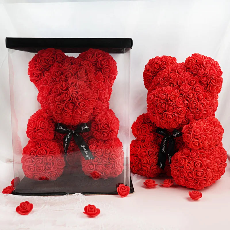 Artificial Flowers 40cm Flores Al Por Mayor Dry Floral Foam Decoration Bespuma De Flores Rose Bear With Gift Box
