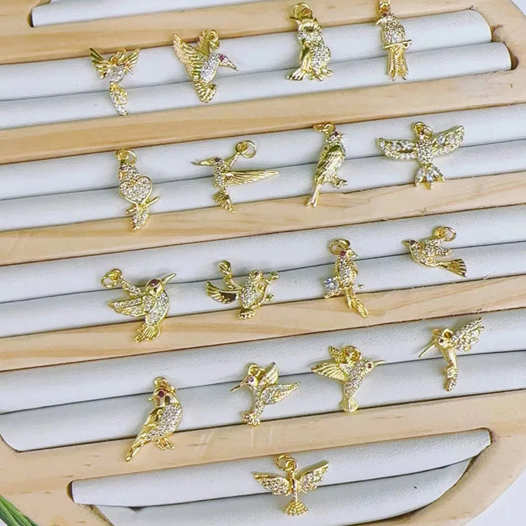 CZ8687 Mini Minimalist 18K Gold Plated CZ Micro Pave Bird Charms Hummingbird Sparrow Pendants for Jewelry DIY & Bracelet Making