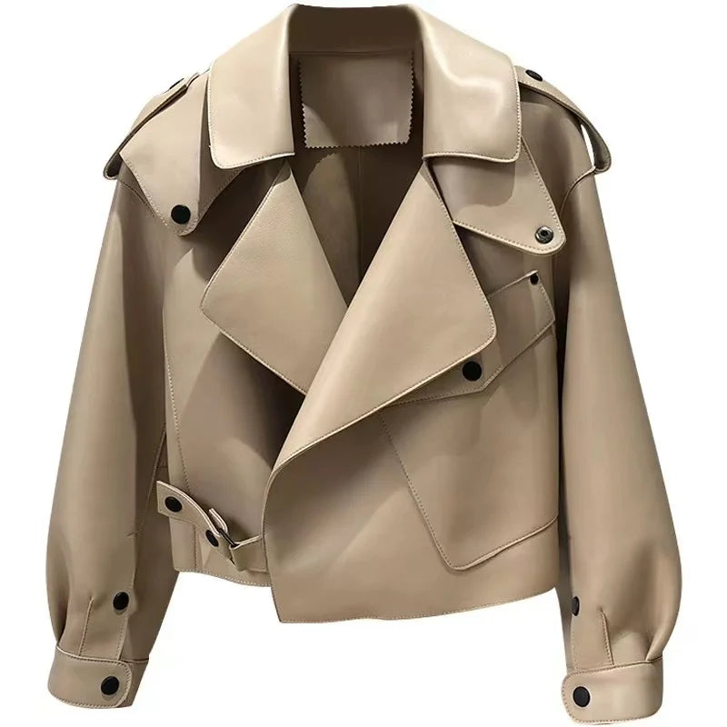 2022 Crop Design Leather Bomber Jacket Genuine Leather Jacket  Motorcycle Jacket Coat
