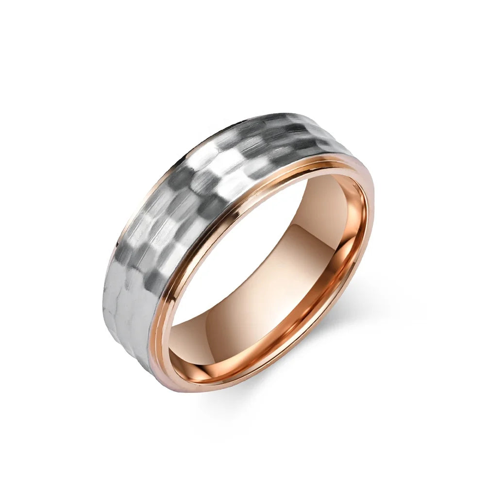 Alin Fashion Jewelry's Classic Hammered Surface Stainless Steel Rings Men's Rose Gold Plated Wholesale Price