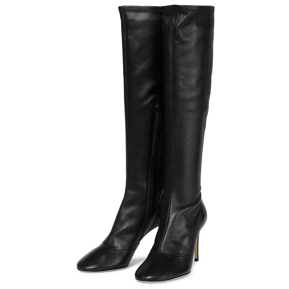 Black PU Leather Knee High Boots for Women Round Toe Tight Boots Ladies Long Tall Boot