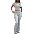 Women's 2 Piece Lounge Outfits Slim Short Sleeve Tops Low Rise Flare Leggings Sets Gym Sport Workout Wear Fitness Yoga Set Women