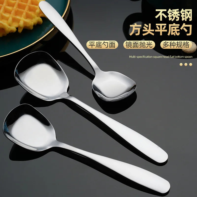 304 Stainless Steel Tableware Household Square Head Flat Bottom Spoon Kitchen Cooker Soup Spoon Rice Spoon Silverware Flatware