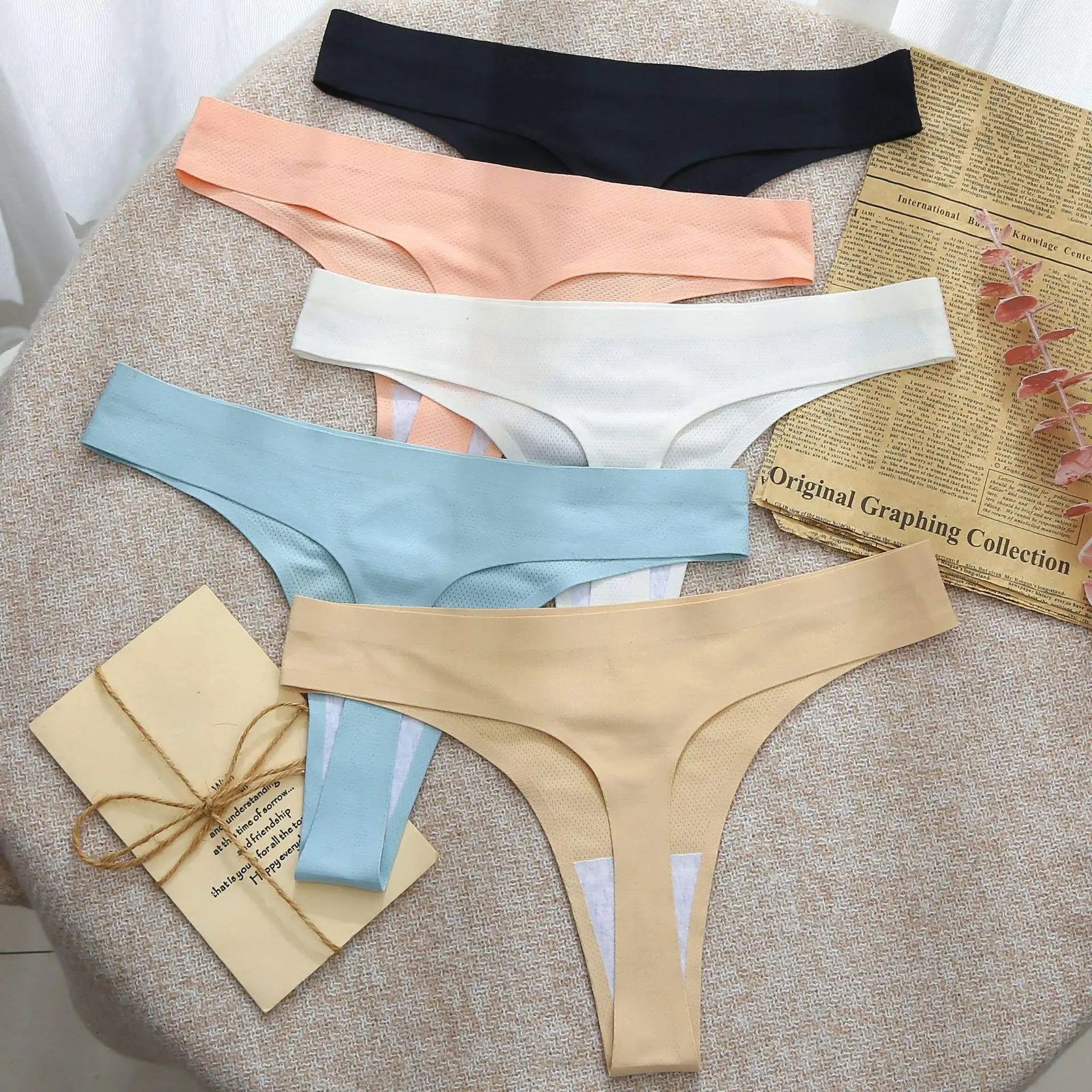 Wholesale Japanese Style Women's Seamless Thongs Panties Low-Rise Lace Silk T-Back Underpants Knitted Weaving Method
