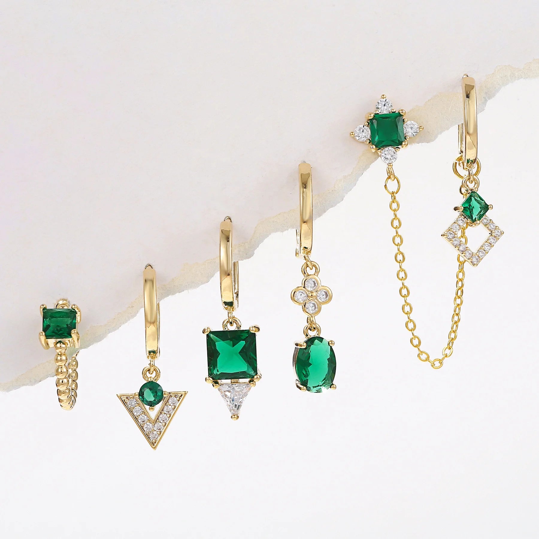 Dina 2026 Wholesale New Design Emerald Green Gemstone Piercing Dangle Hoop Earrings Set Gold Minimalist Dainty Women Jewelry