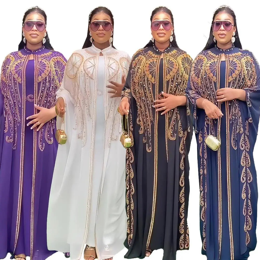 Extravagant Africa Clothing Long Dresses Women Luxury Rhinestone Dress Two-piece African Dresses