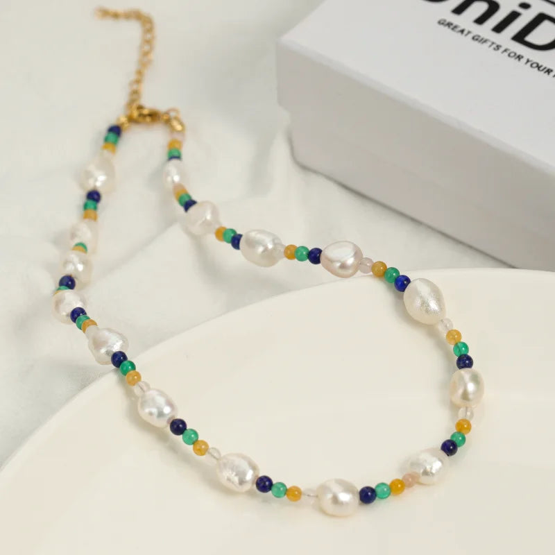 Stainless Steel Gold Plated Real Natural Fine Freshwater Baroque Colorful Fresh Water Choker Jewelry Pearl Necklace for Women