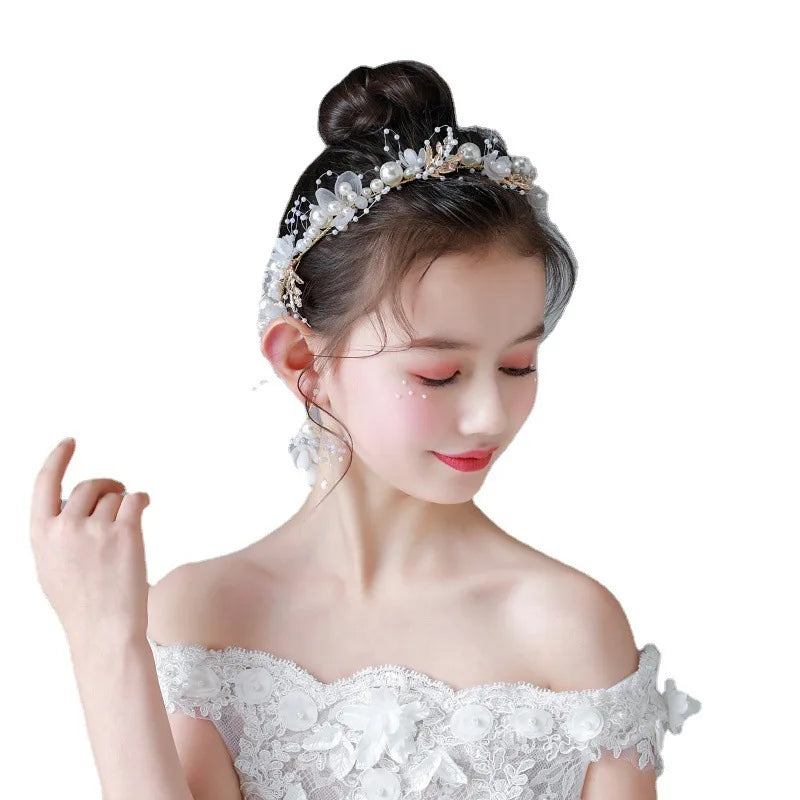 Tiaras Earrings Bracelets  Jewelry Sets Children Handmade Flower Bridal Crown Headpieces Party  Pearl Princess Tiara for Kids
