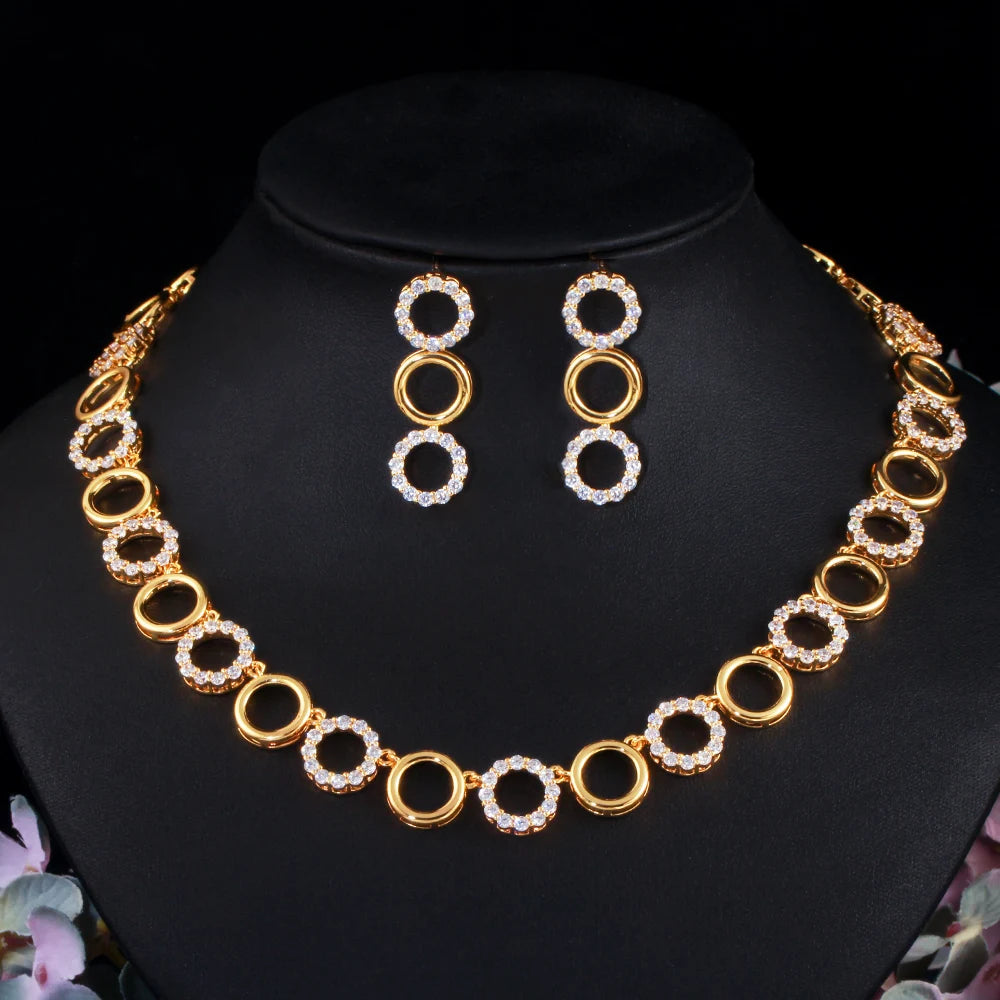 18k Gold Plated Jewelry Set Cubic Zirconia Crystal Round Circle Fashion Necklace and Earring for Women Costume Dating Party Gift