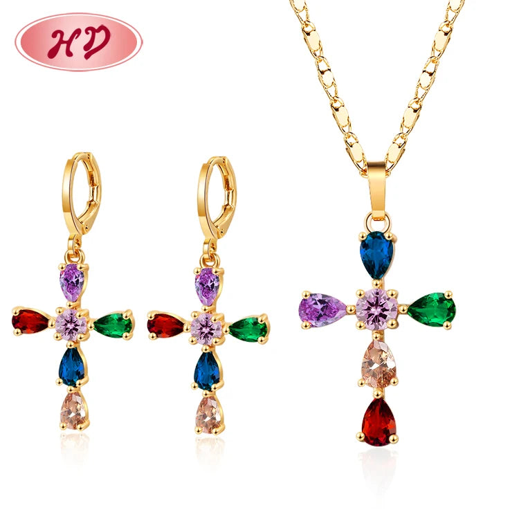 American Fashion Cross Western Catholic Prayer Necklace and Earring Sets 18k Gold Plated Brass Religion Jewelry for Women