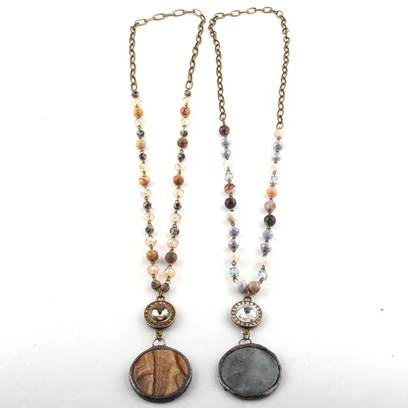 Women Ethnic Necklace Natural Stone Pic Jasper Dalmatian & Glass Rosary Chain Statement Round Stone Disco Pendant Necklace