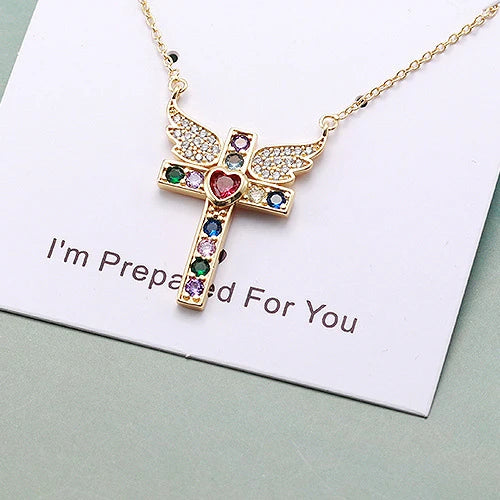 Unique Design Female Micro Pave CZ Zircon Angel Wing Cross Pendant Necklace