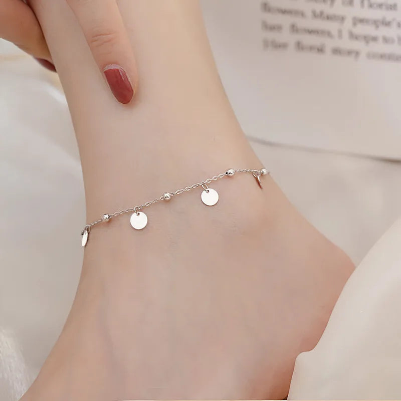 WMB89 Stylish Simple Beads Chian with Round Pieces Charm Anklet Bracelet Summer Beach Beads Anklet Adjustable for Women