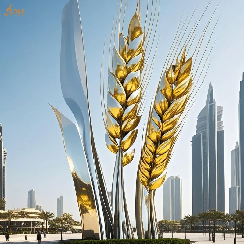 Large Outdoor City Square Garden Decor Modern Polish Art Giant Metal Crop Stainless Steel Coat Gold Wheat Ear Statue Sculpture
