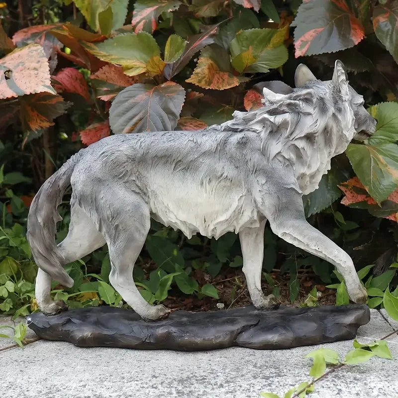 Hot Sale Realistic Wolf Resin Sculpture with Detailed Fur TextureBlack Stone Base for Garden Decor Majestic Animal Statue