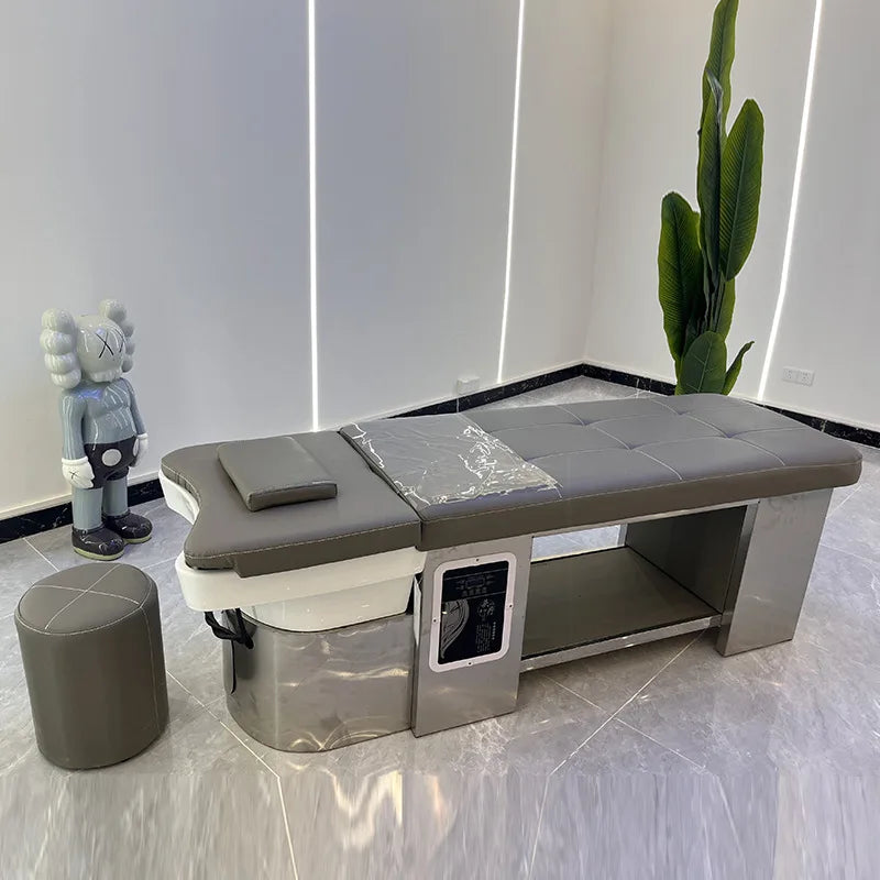 Hot Sale Modern Design Stainless Steel Table Hair Washing Massage Chair Synthetic Leather Shampoo Bed for Beauty Salon