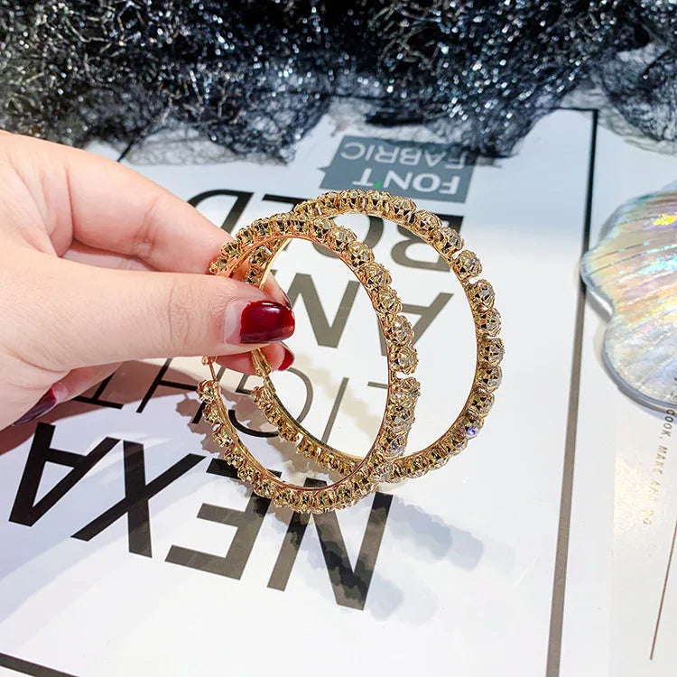 925 Silver Needle 18K Gold Plated Bling Rhinestone 70mm Round Circle Hoop Earrings Big Diamond Hoop Earrings