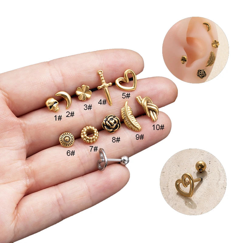 Punk Gothic Stainless Steel Gold Plated Skull Flower Heart Earrings Ear Bone Stud for Men Women
