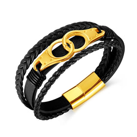 Classic Design Punk Gold Stainless Steel Handcuffs Bangle Multilayer Braided Genuine Leather Bracelets Magnetic Clasp PH1565