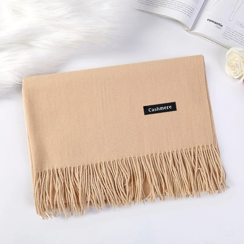 Warm Soft Cashmere Plaid Tassel Neck Scarf Chunky Fluffy Pashmina Shawl for Women Winter Oblong Adult Scarves With Bows Pattern