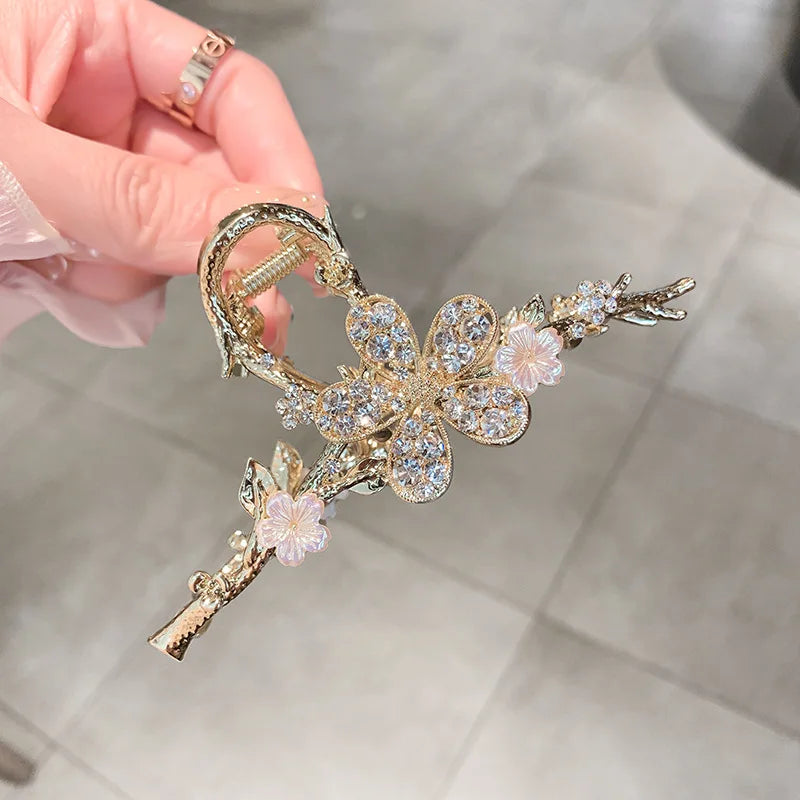 Women Metal Hairpin Claw Clip Girls Elegant Branch Flowers Barrette Crab Ponytail Pearl Rhinestone Headwear Hair Accessories