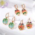 Boho Tortoise Shell Dangle Earrings Colorful Enamel Monstera Leaf Shaped Dangle Drop Earrings for Her