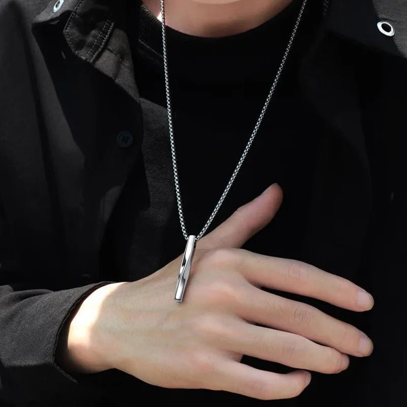 Trendy Simple Stainless Steel Chain Men Necklace Jewelry Gift Spiral Black Rectangle Pendant Necklace Men