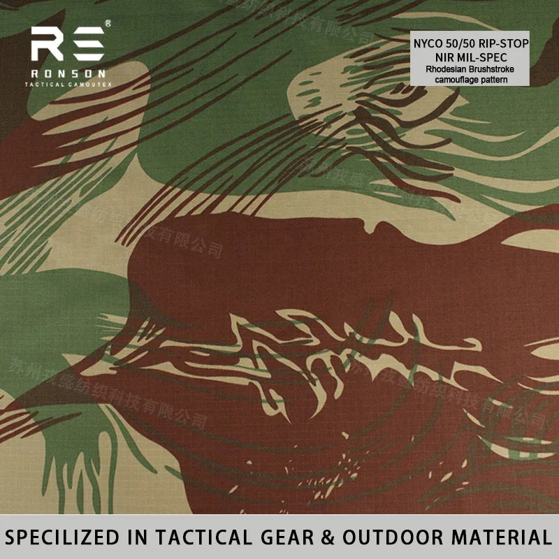 NYCO5050 Nylon Cotton Rip-stop Rhodesian Brushstroke Camouflage Fabric Mil-spec Tactical Gear Uniform Fabric WR+ NIR Durable