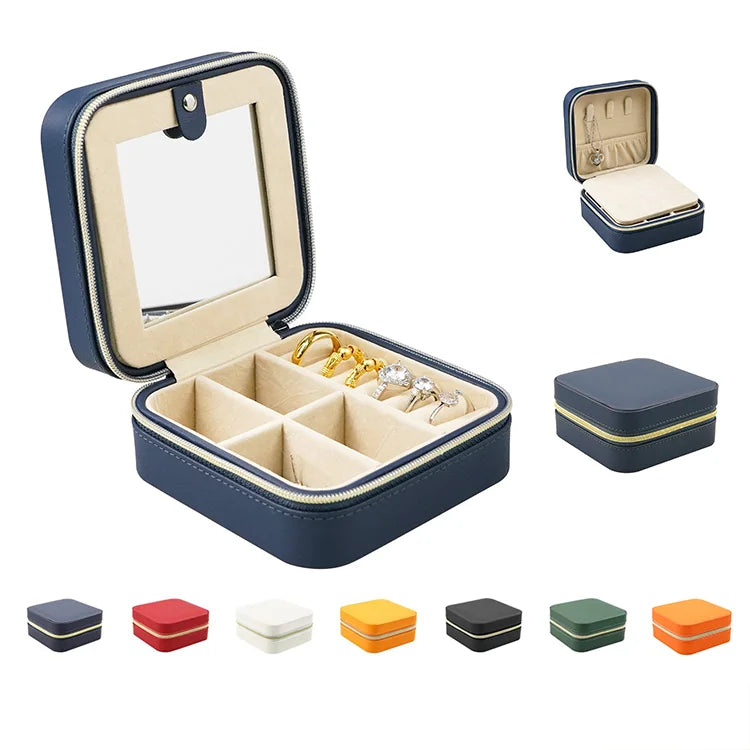 Chinese Luxury Custom Logo Royal Blue Women Bracelet Bead Ring Jewellery Set Pu Leather Zipper Packaging Organizaler Boxes Case