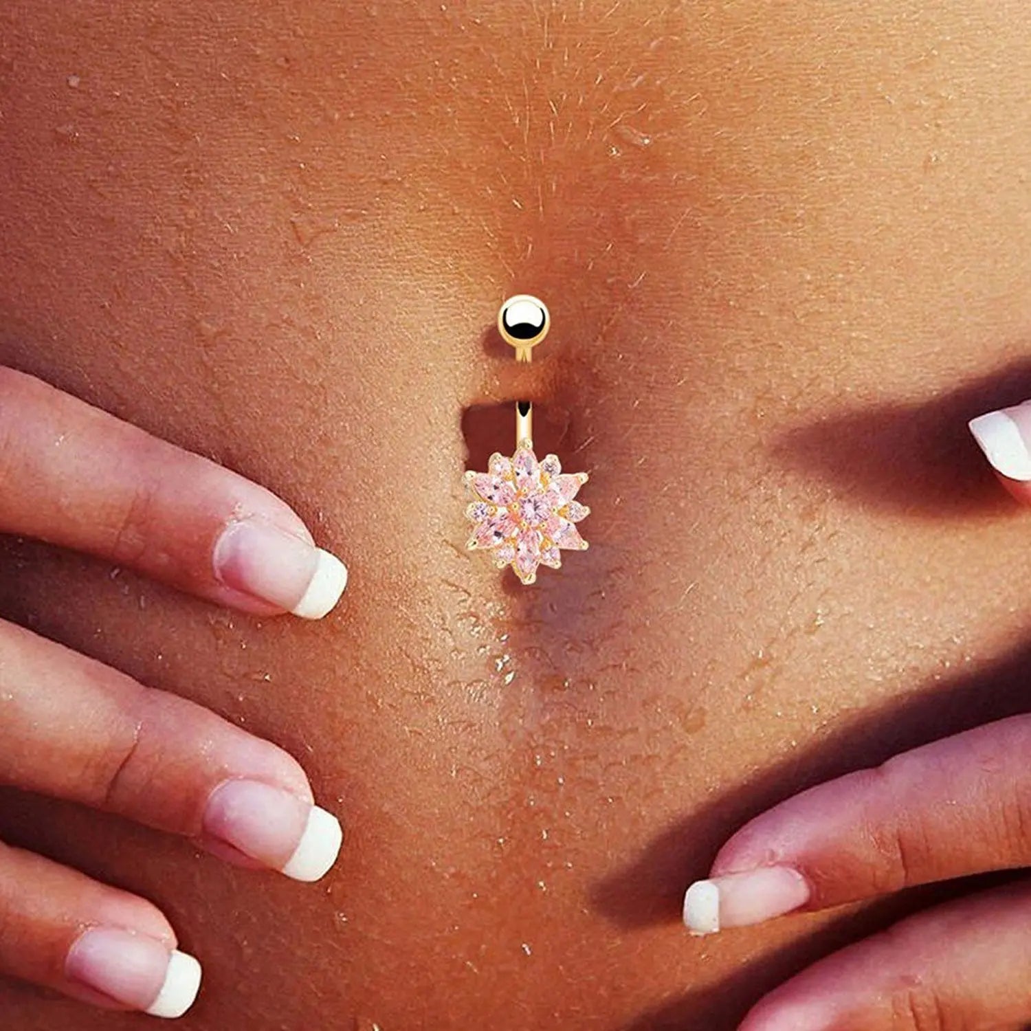 Non Tarnish Gold Plated Stainless Steel Crystal Little Daisy Belly Ring Navel Piercing Jewelry for Women