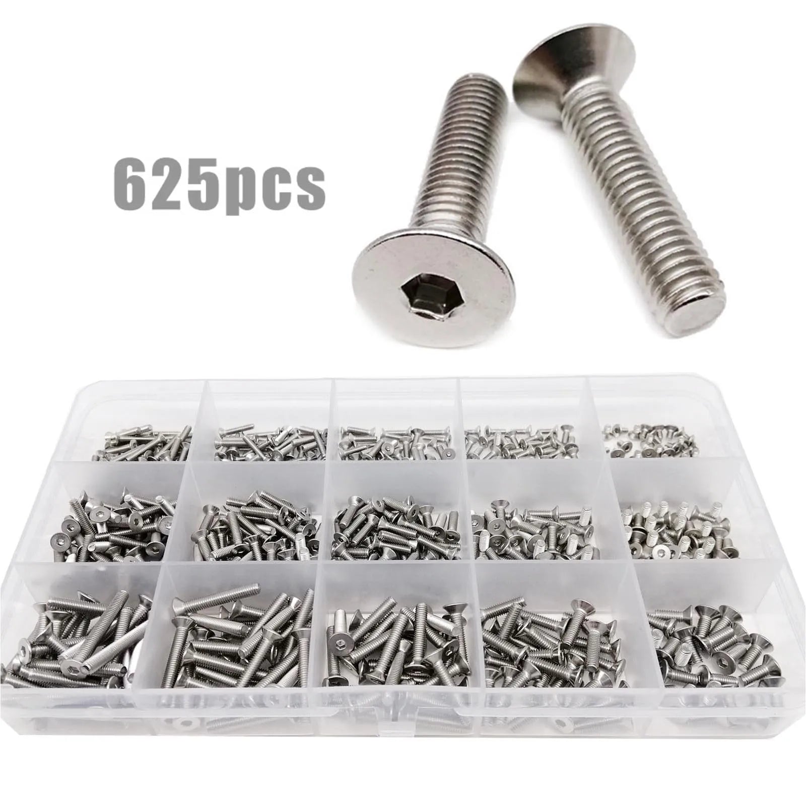 Total 625pcs / Box M2 M2.5 M3 304 Stainless Steel Allen Hexagon Hex Socket Flat Countersunk Head Bolt Screw Set Kit
