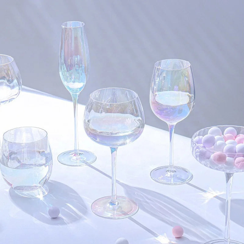 Gift Tall Stemmed Wine Glassware Rainbow Colored Stemware Goblet Party Ribbed Electroplated Iridescent Crystal Wine Glasses Set