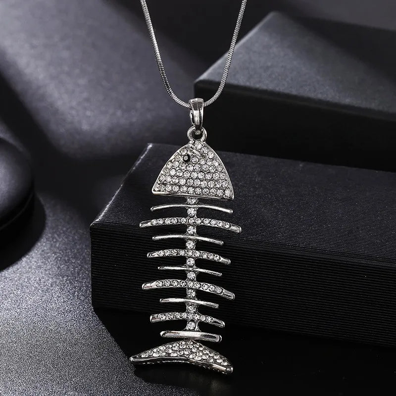 Hip Hop Jewelry European 316L Titanium Steel Rhinestone Fish Bone Sweater Necklace Stainless Steel Box Chain Pendant Necklace