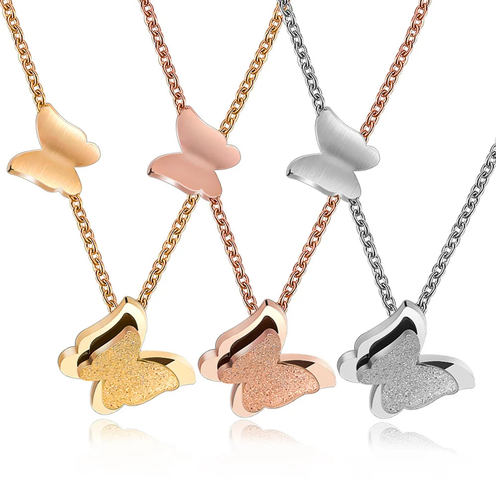 Trendy Simple Double Butterfly Necklace for Women Gold Plated Stainless Steel Clavicle Chain with Butterfly Shaped Pendant