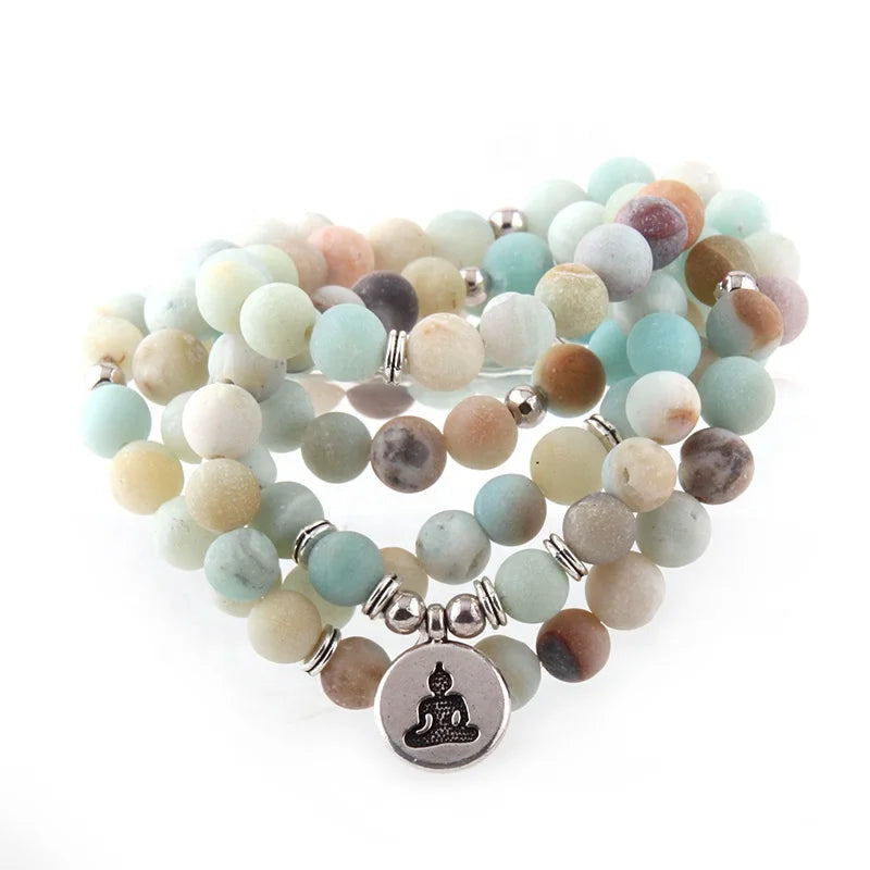 8mm Natural Stone Women Buddha Loctus Cross Heart OM Bracelet Men Matt Amazonite Bracelet Yoga 108  Mala Necklace Bracelet