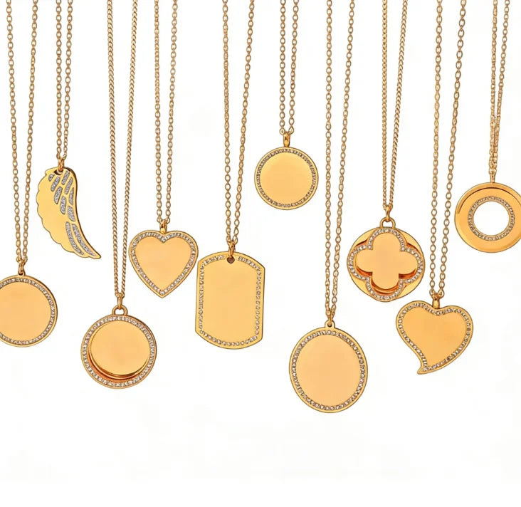 Wholesale 18K Gold Custom Engraving Stainless Steel Zirconia Engravable Jewelry Blanks Heart Round Square Tag Pendant Necklaces