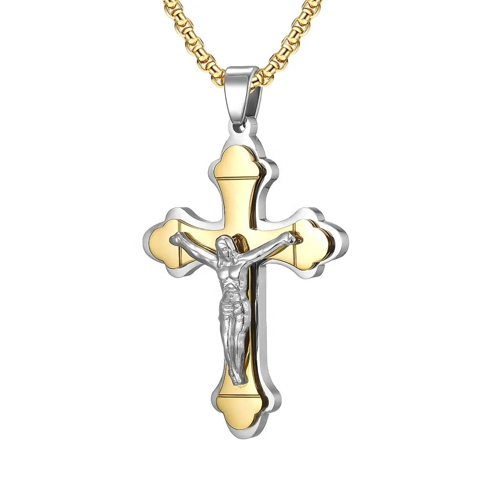 Vintage Jesus Crucifix Men's Pendants Silver and Gold Two Tone Plated Laciness Cross Necklace Stainless Steel