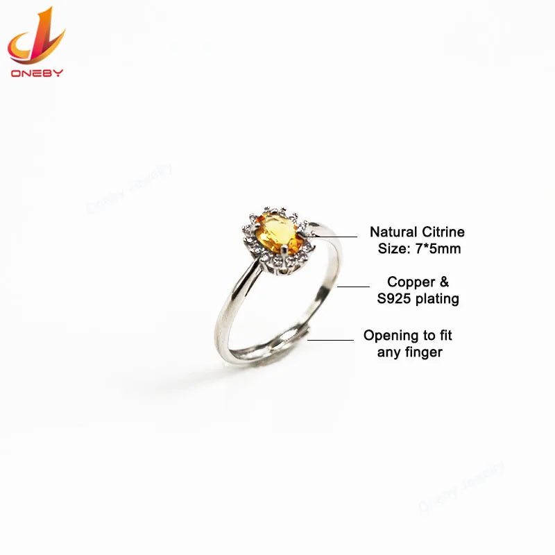 Oneby Jewelry Factory Wholesale Silver Plated Adjustable Luxury Natural Citrine Gemstone Ring R0100006 MOQ 10pcs
