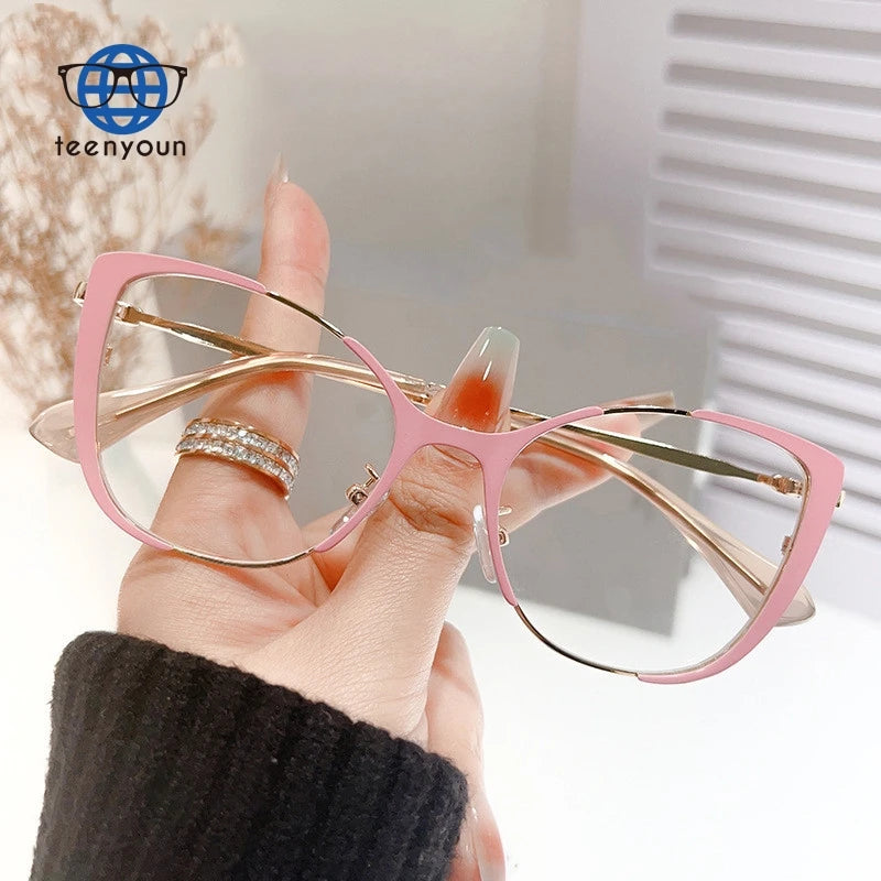Teenyoun 2024 Trend Anti-Blue Glasses Optical Fame Cat Eye Frame Prescription Glasses Photochromic Metal Red Cat Eye Eyeglasses