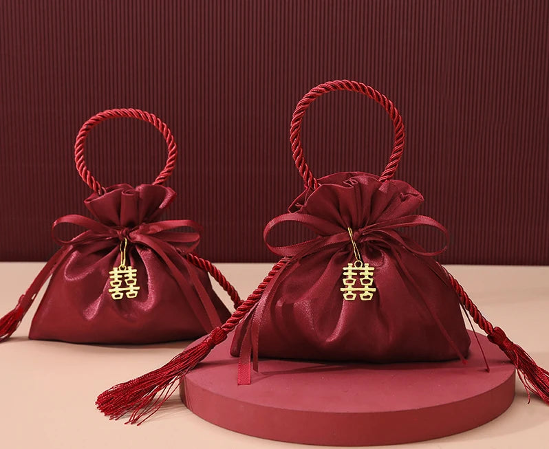 Red Satin Drawstring Cord Ribbon Pouch for Jewellery & Candy Recyclable Wedding Packaging Gift Bag