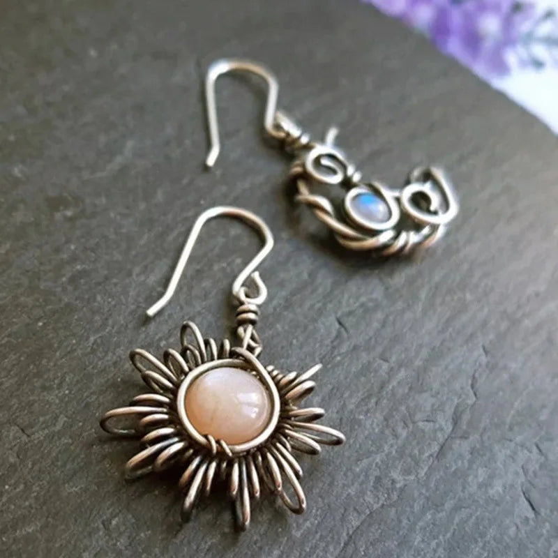 Bohemian Wholesale Earrings Ancient Silver Plated Retro Moonstone Sun&Moon Asymmetric Boho Hook Earring