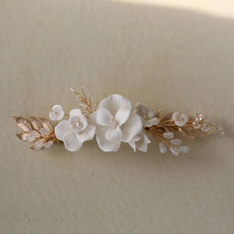 SLBRIDAL Handmade Ins Style Alloy Ceramic Flower Crystal Bridal Hair Clip Barrettes Wedding Headpieces Women Hair Accessories